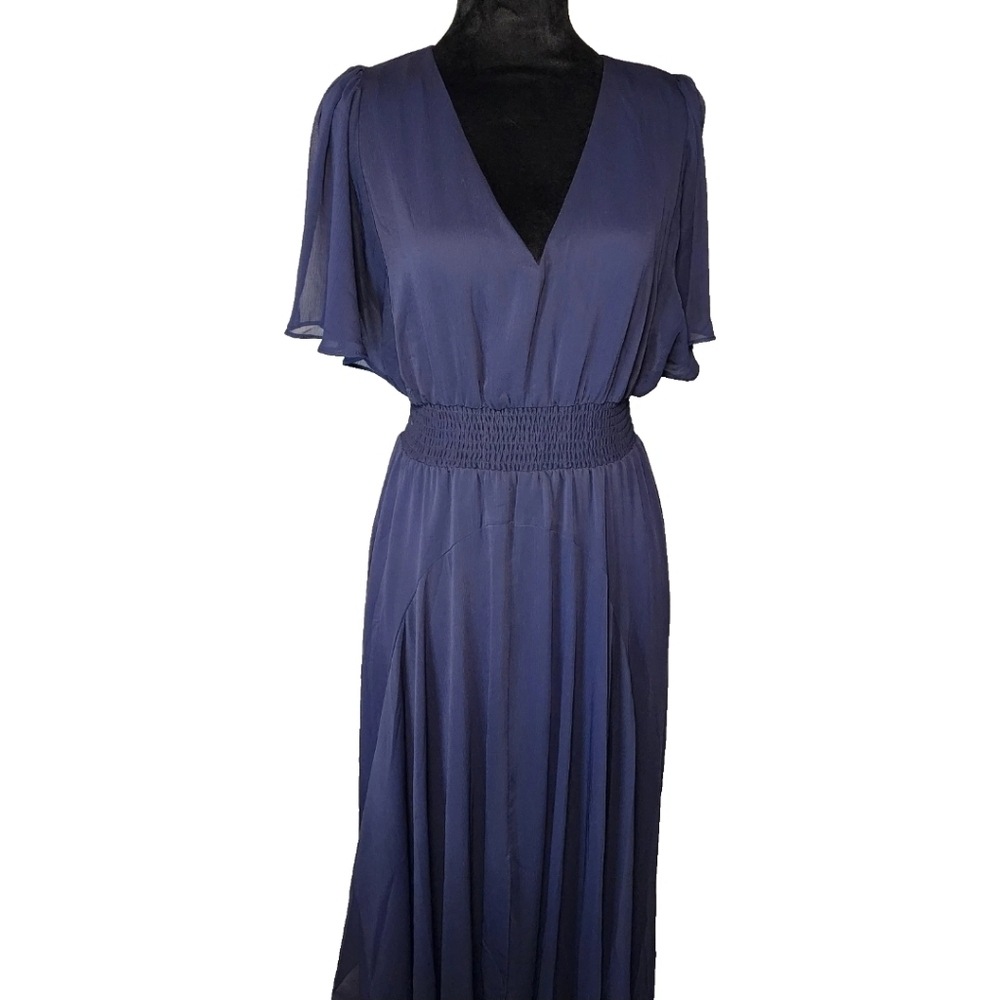 Express Dress Womens Small Elegant Navy Blue Chiffon Midi Occasion Wedding Dance